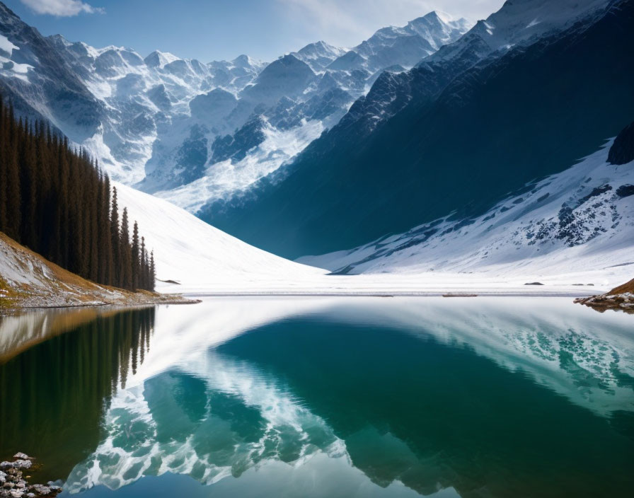 Snow-covered mountain lake with reflection of peaks and clear blue sky.