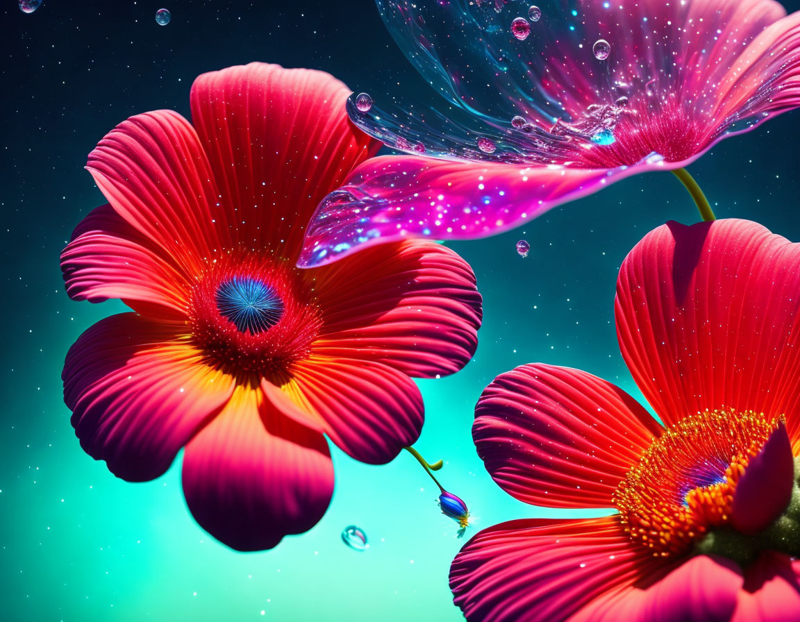 Red Flowers with Water Droplets on Teal Background: Magical Floral Scene