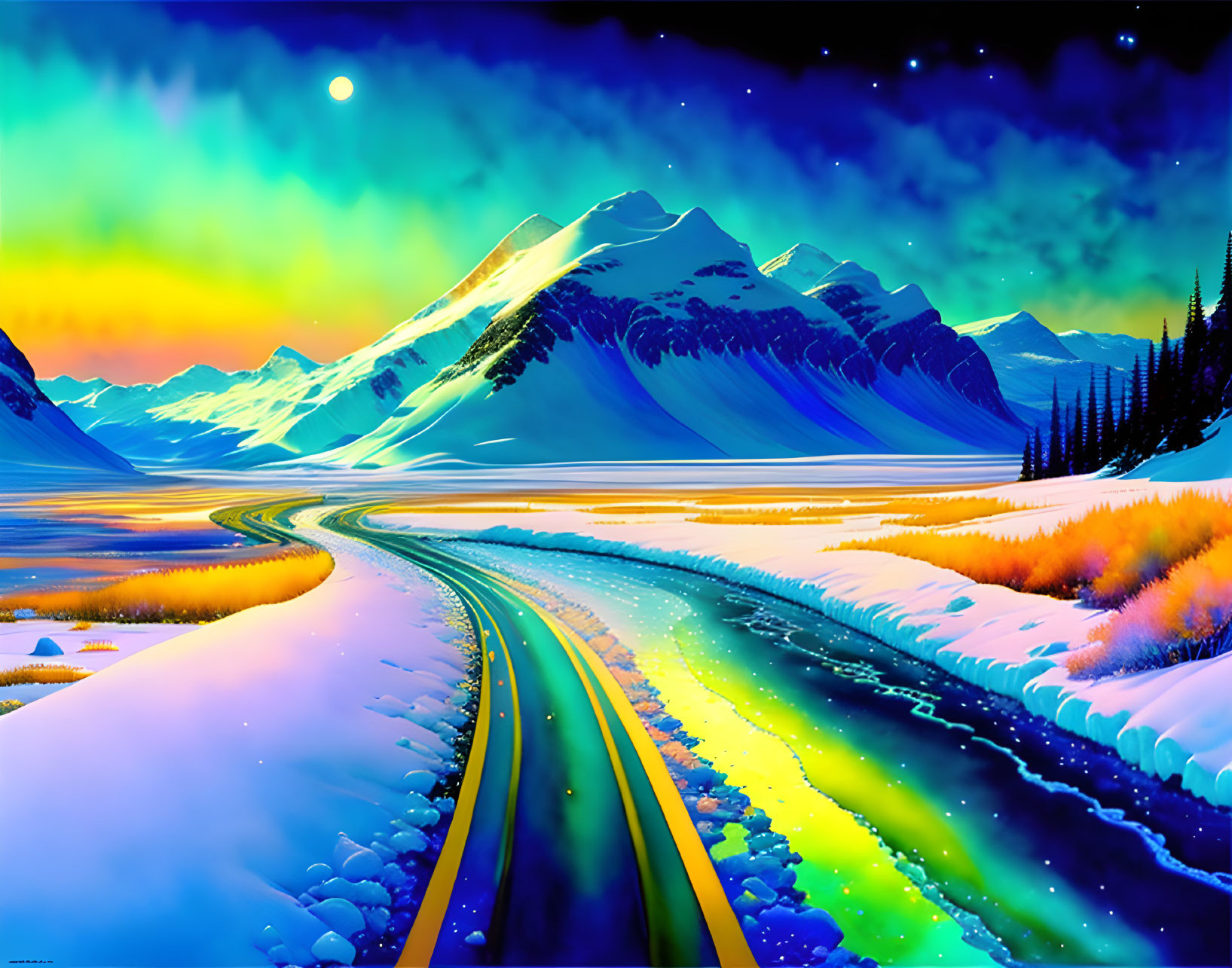 Colorful Trees in Snowy Landscape with Starry Sky & Aurora Mountain