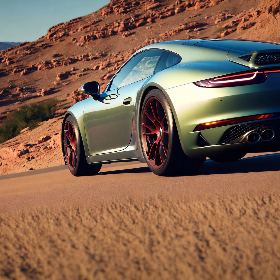 Silver Sports Car with Red Brake Calipers on Desert Road