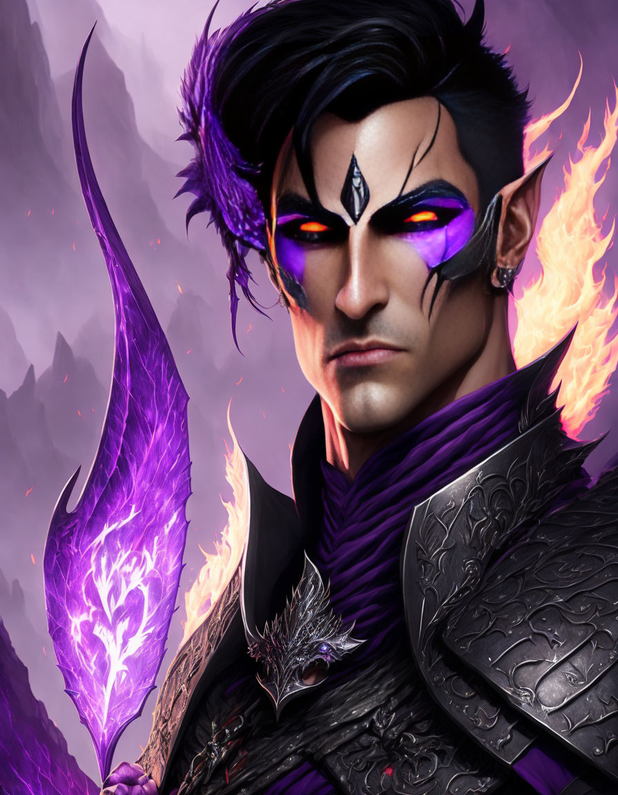 Fantasy character with purple eyes, pointed ears, dark armor, and flame-themed design