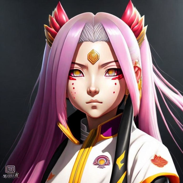 Pink-haired animated character with red eyes, golden ornament, horns, and kimono.