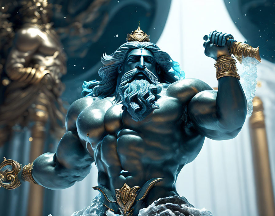 Muscular figure with crown and trident in dynamic pose against ornate backdrop