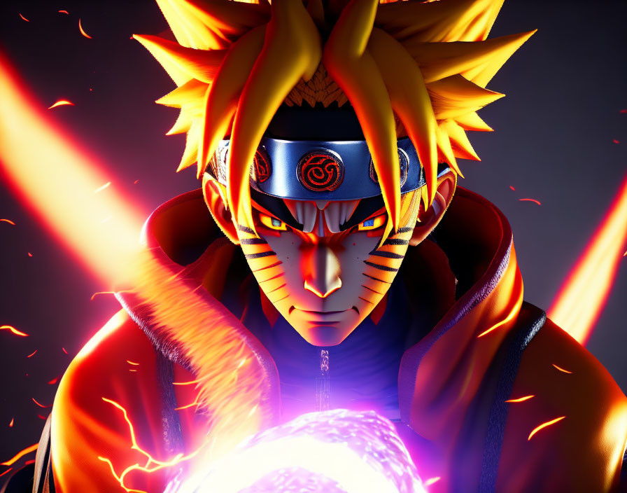 Anime-style character with spiky yellow hair and glowing eyes holding energy ball