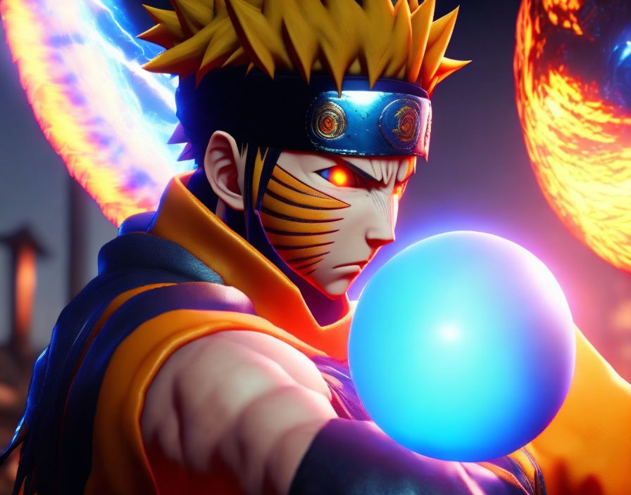 Spiky Yellow-Haired Ninja Holding Blue Energy Ball in Fiery Scene