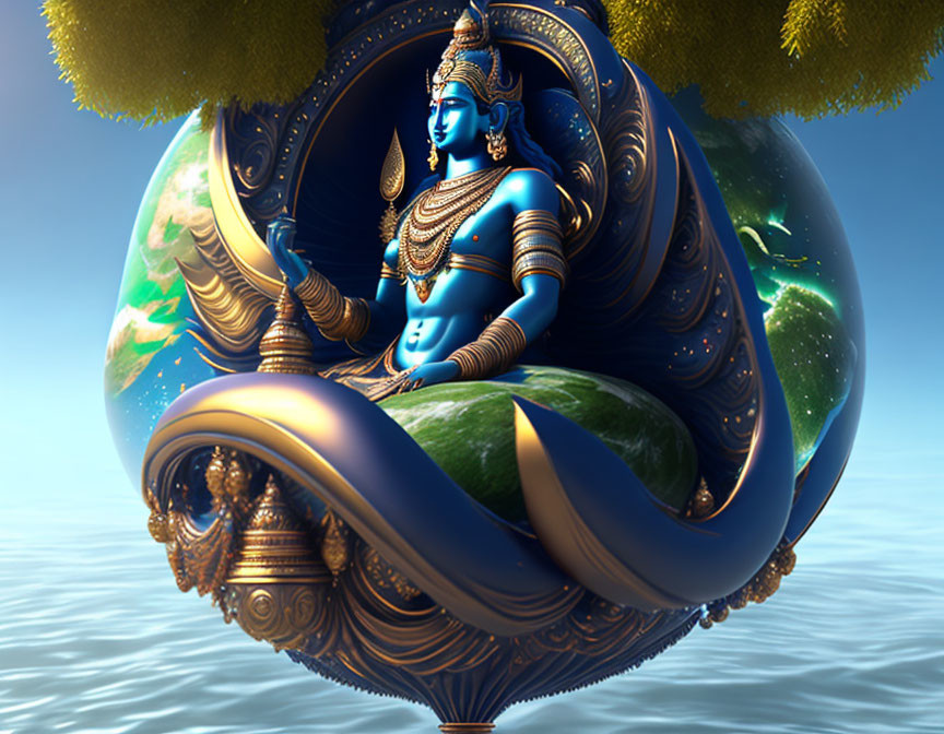 Blue deity in meditative pose on serpent with Earth and cosmic backdrop