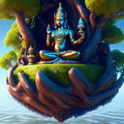 Blue deity in meditative pose on serpent with Earth and cosmic backdrop