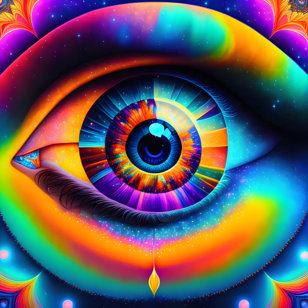 Colorful digital artwork of an eye with psychedelic patterns and a teardrop for spiritual insight