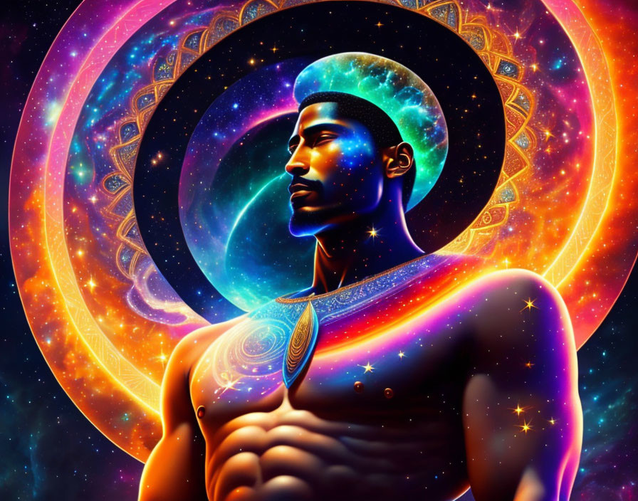 Illustration of man with cosmic skin against mandala backdrop