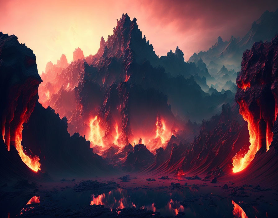 Dramatic lava flows in fiery mountain landscape