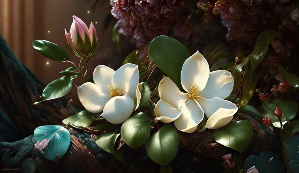 White Flowers with Creamy Yellow Centers Surrounded by Lush Green Leaves and Muted Pink Blooms