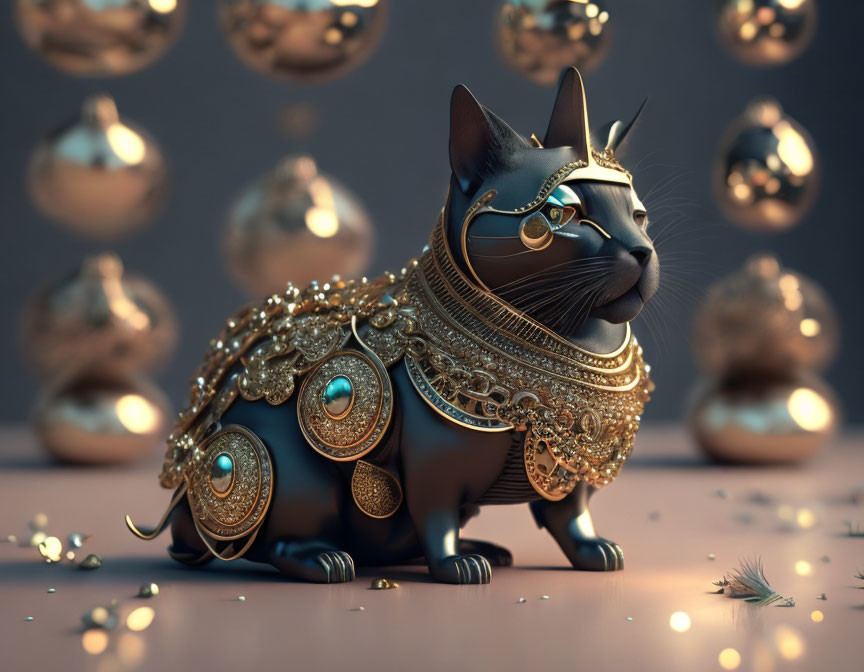 3D-rendered black cat with golden jewelry and baubles on gray backdrop