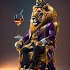 Lion with human body in purple suit and top hat sitting on throne with wine glass, cigar,