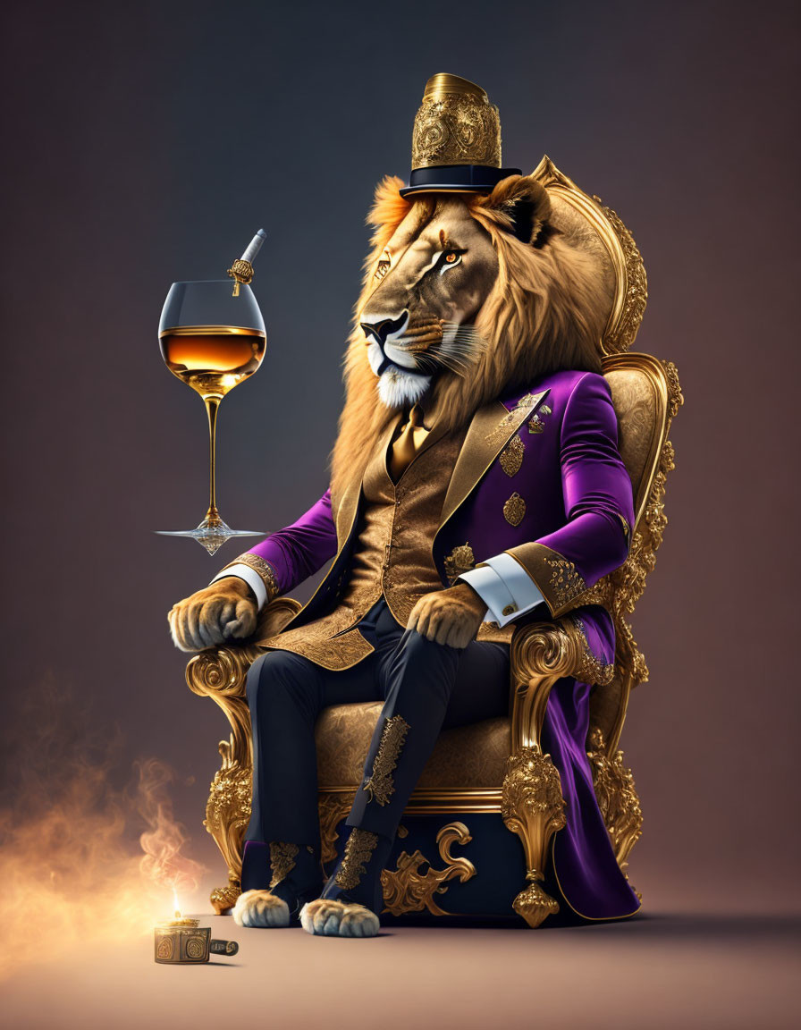 Lion with human body in purple suit and top hat sitting on throne with wine glass, cigar,