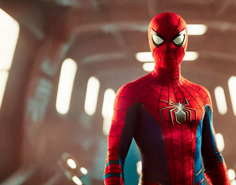 Superhero in red and blue suit with spider emblem in soft-lit interior