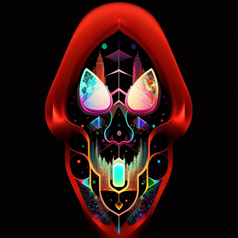 Symmetrical abstract digital art: Neon-lit mask with cosmic and geometric elements