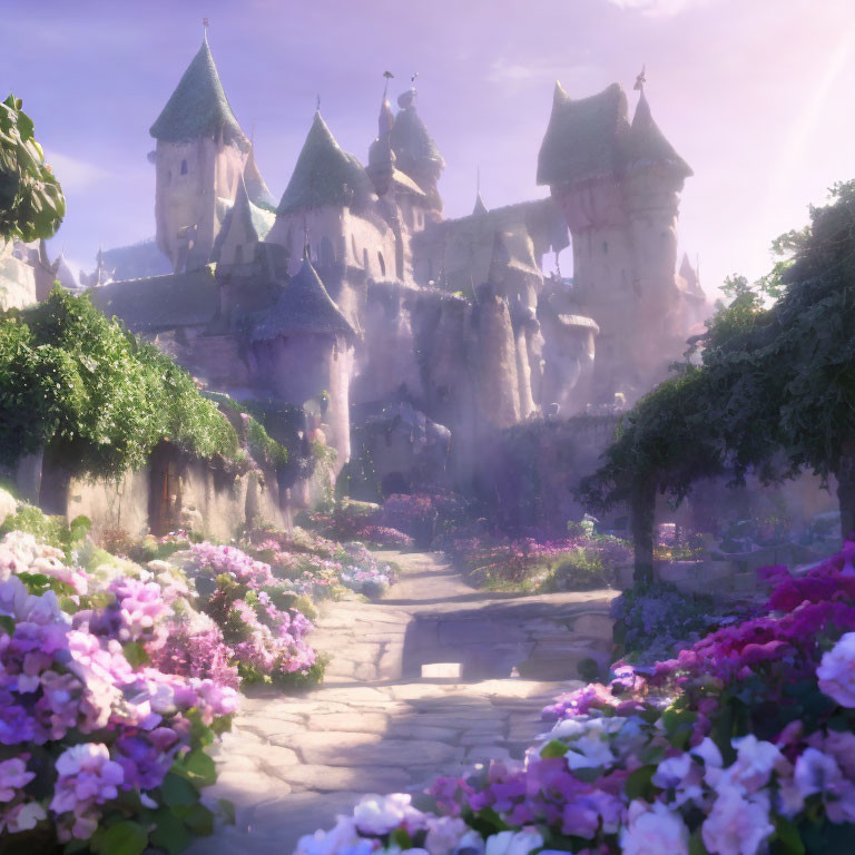 Majestic castle surrounded by lush gardens and blooming flowers