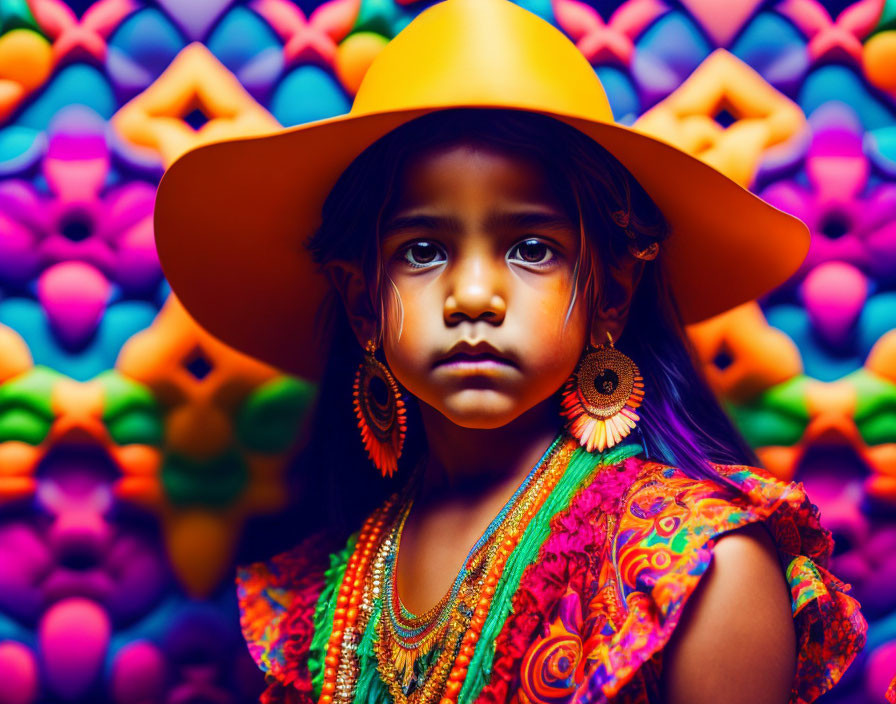 Young girl in orange hat and colorful attire on purple background
