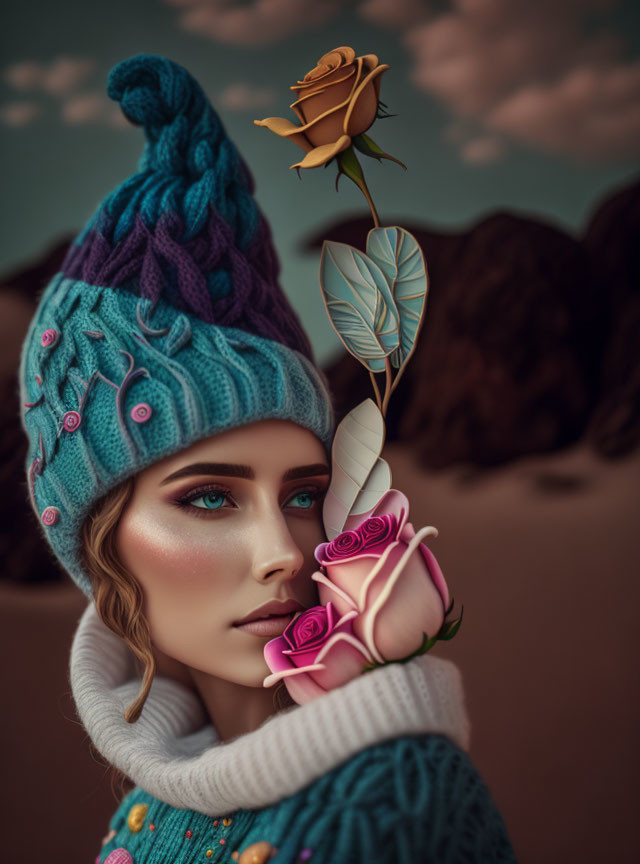 Woman with Striking Makeup Holding Roses in Blue Knitted Hat