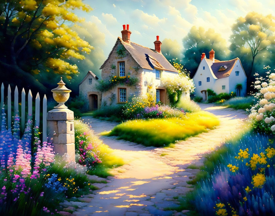 Quaint houses, lush gardens, vibrant pathway, white picket fence