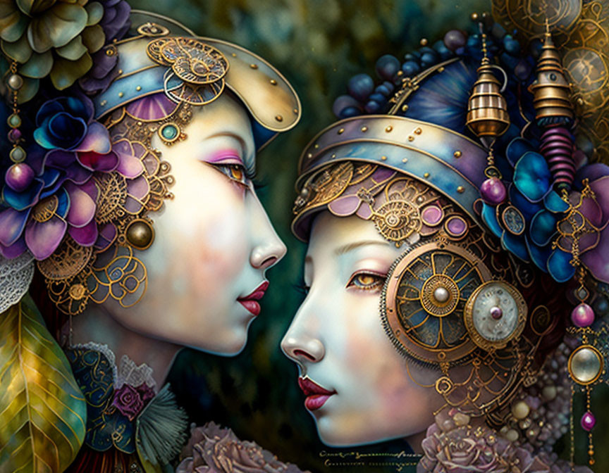 Steampunk-style female figures with mechanical and floral elements on dark background