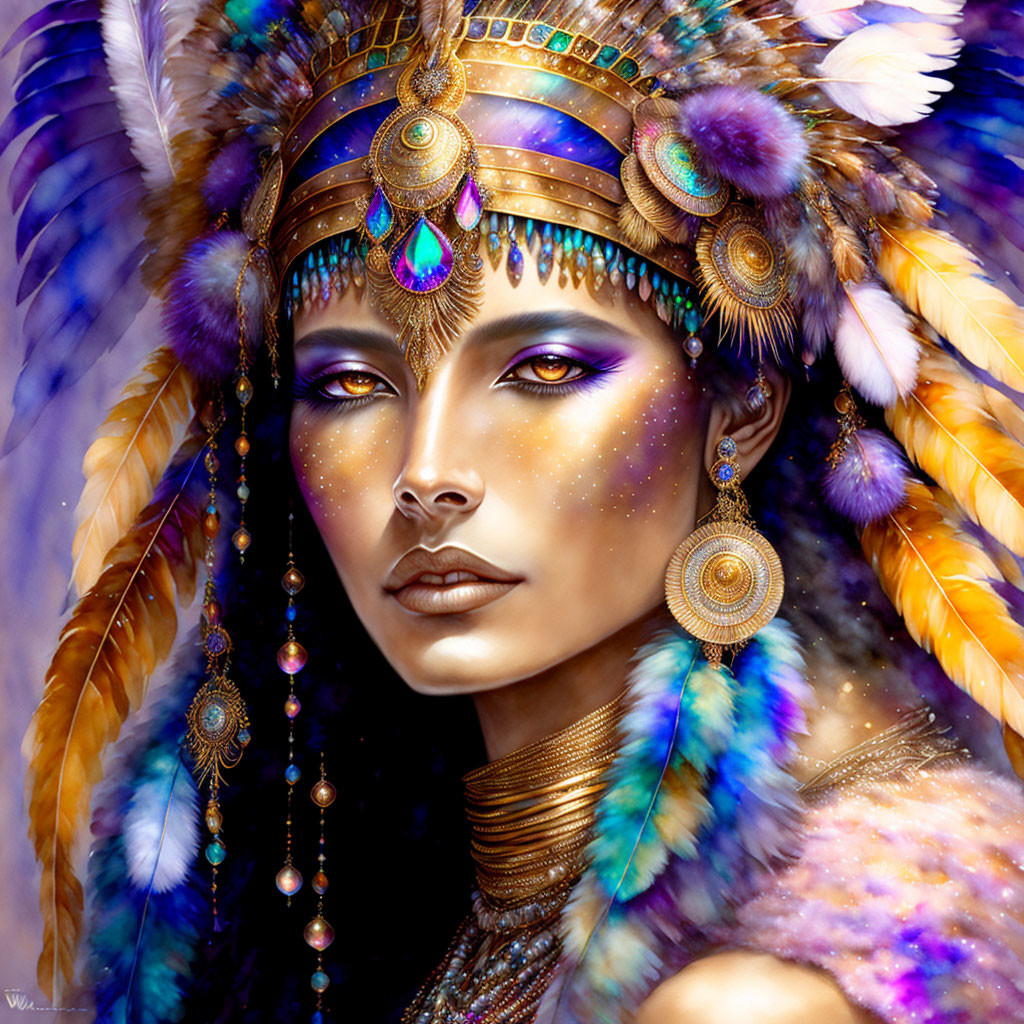 Digital artwork: Woman with decorative headdress, feathers, beads, jewel