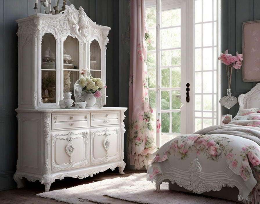 Vintage Bedroom Decor with White Furniture & Floral Bedding