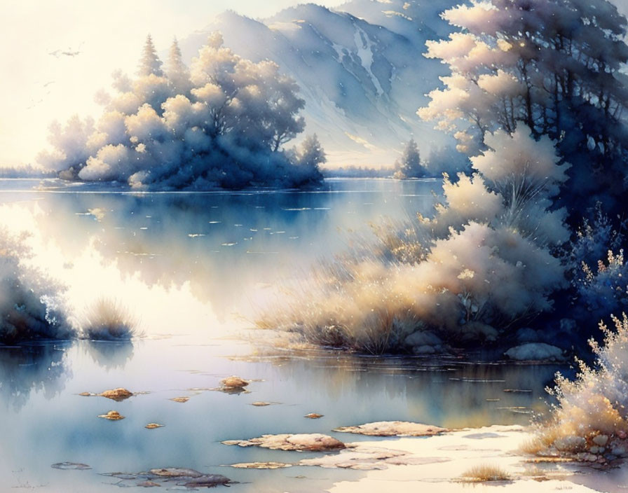 Tranquil watercolor landscape with serene lake, misty trees, ethereal light