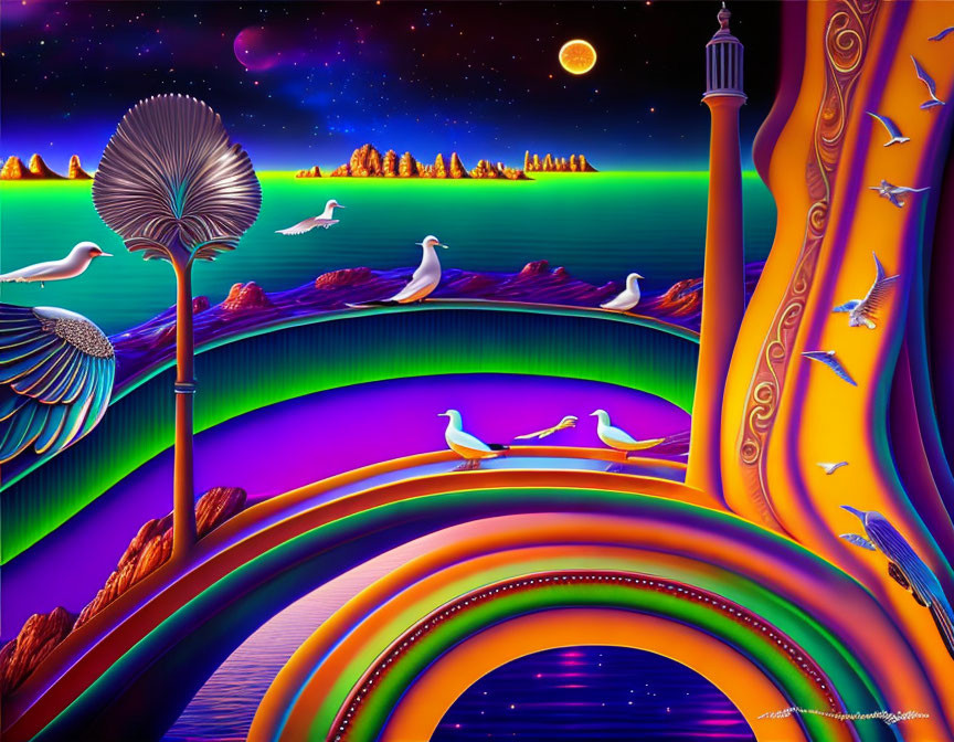 Colorful surreal landscape with arches, lighthouse, birds, and fantastical tree