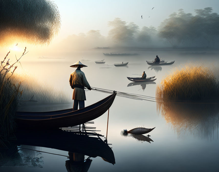 Person in conical hat on boat at misty sunrise surrounded by calm waters, boats, reeds