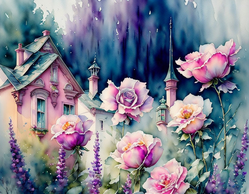 Whimsical watercolor painting: Oversized pink roses in magical garden