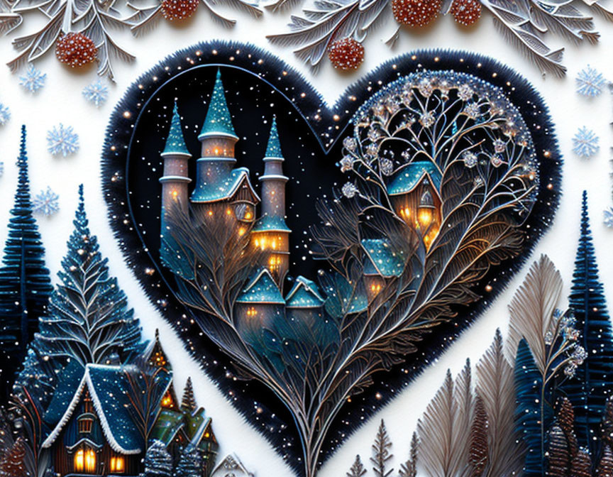 Heart-shaped winter scene with castle, houses, trees, and starry sky in detailed illustration.