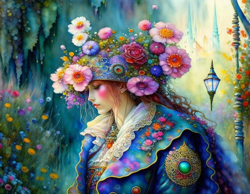 Colorful artwork: Woman with floral hat in surreal, enchanted setting