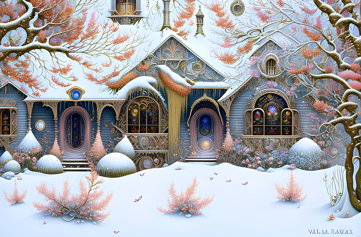 Winter Fairytale Cottage Surrounded by Snowy Trees