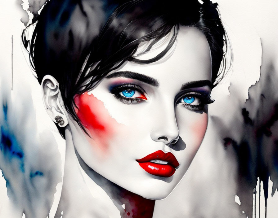 Colorful Watercolor Portrait of Woman with Blue Eyes and Red Lips