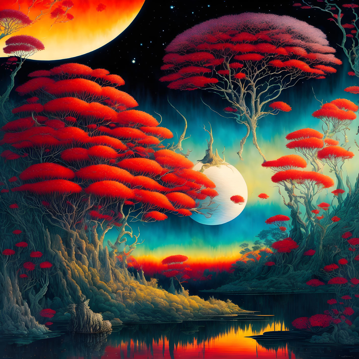 Surreal landscape with red trees, moons, starry sky, and water reflection