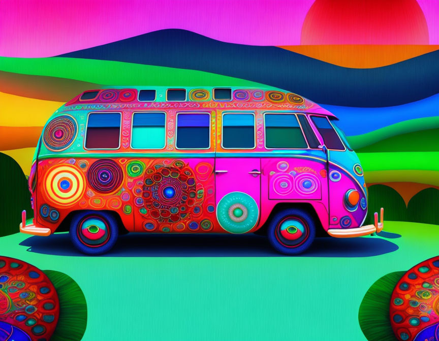 Colorful Psychedelic Volkswagen Bus Artwork with Multicolored Hills & Sky