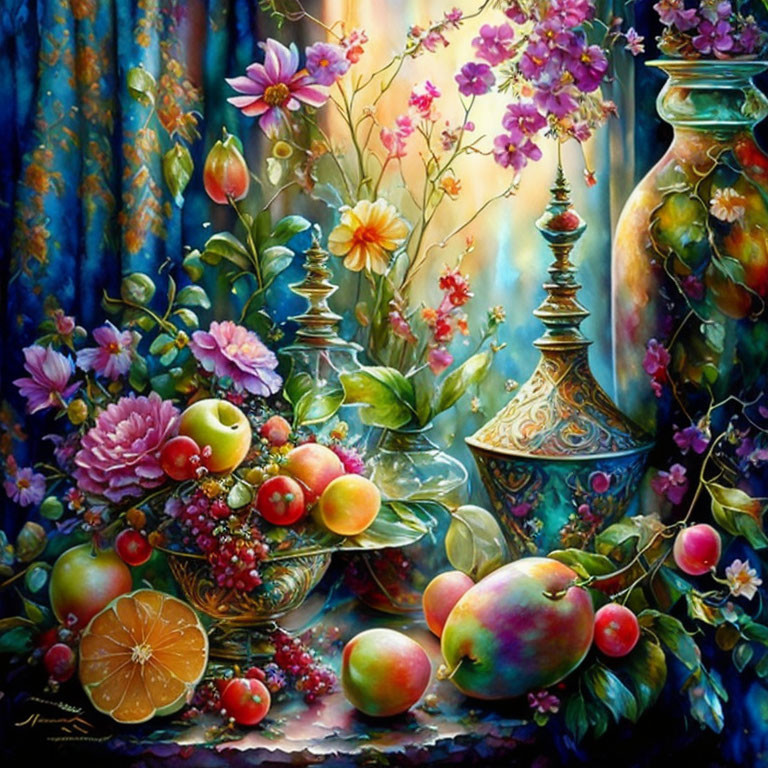 Colorful Still Life Painting with Fruits, Vases, and Flowers