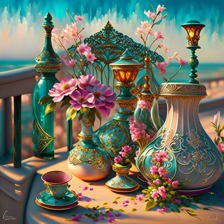 Turquoise and Gold Vases and Cups with Pink Flowers on Ocean View Balcony