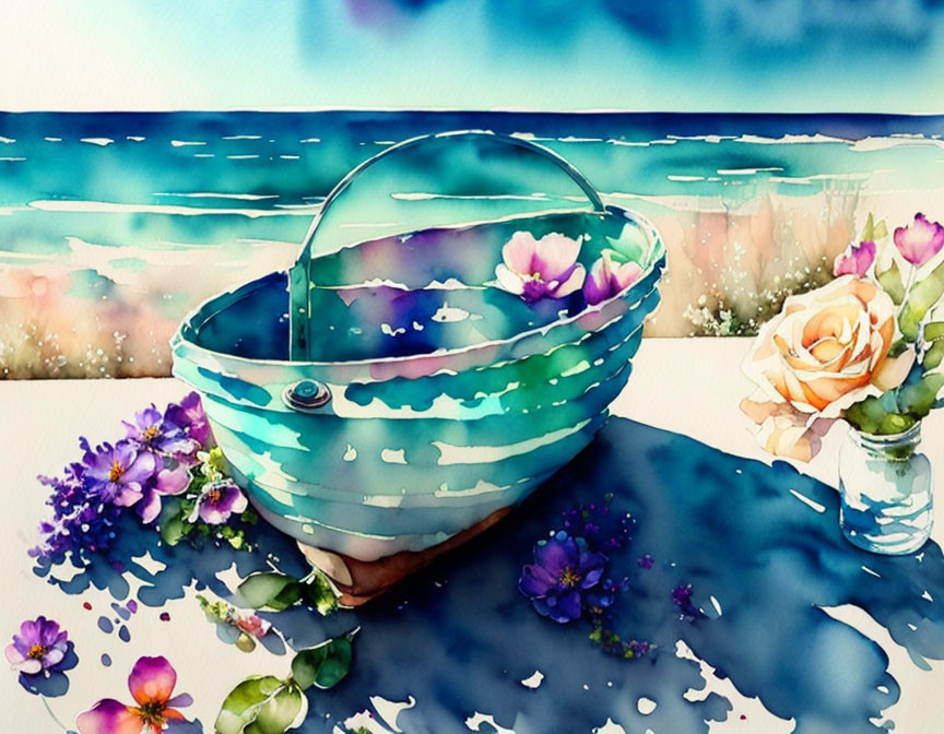 Translucent blue basket with flowers in serene watercolor scene