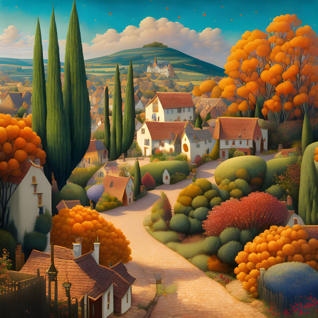 Picturesque village scene with cozy houses and vibrant foliage.