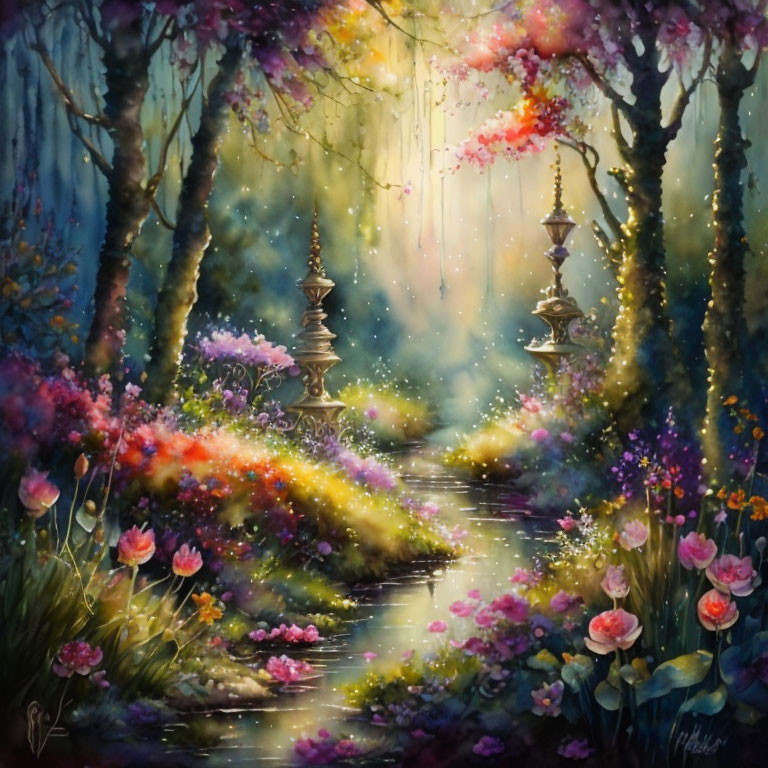 Enchanted forest painting with blooming flowers, stream, lanterns, and mystical glow