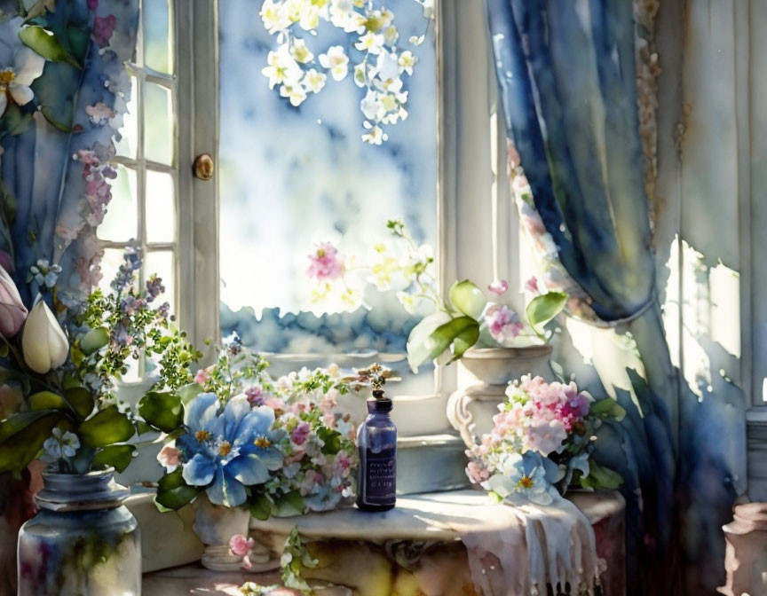 Tranquil watercolor artwork of sunlit window, blue curtains, flowers, vase, and blurred