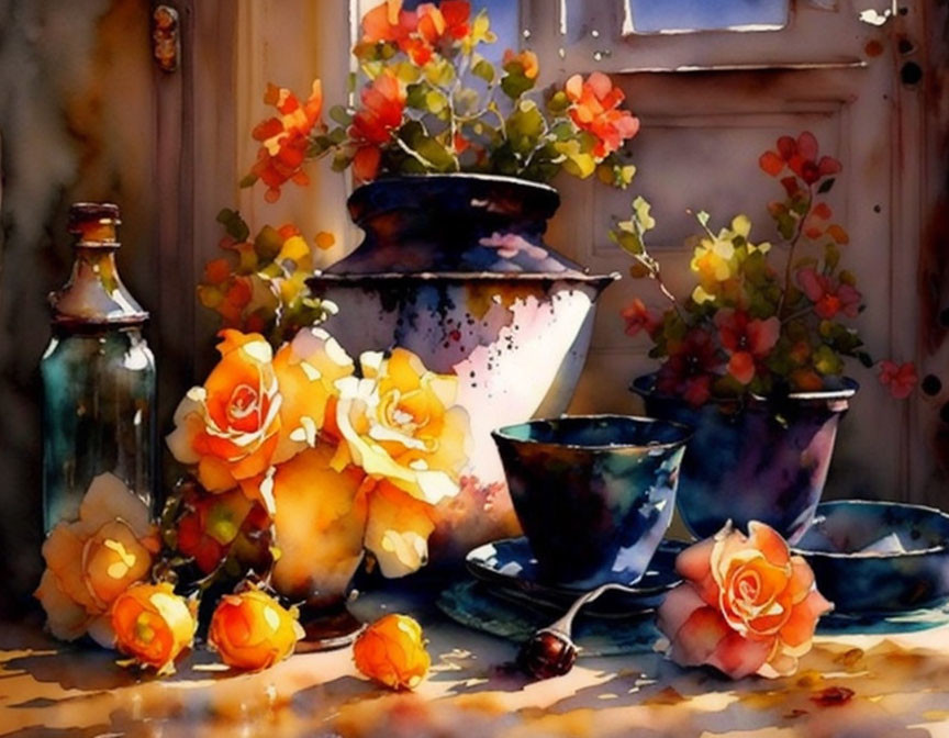 Colorful watercolor painting: orange roses, blue cup, vase on sunlit table, rustic white