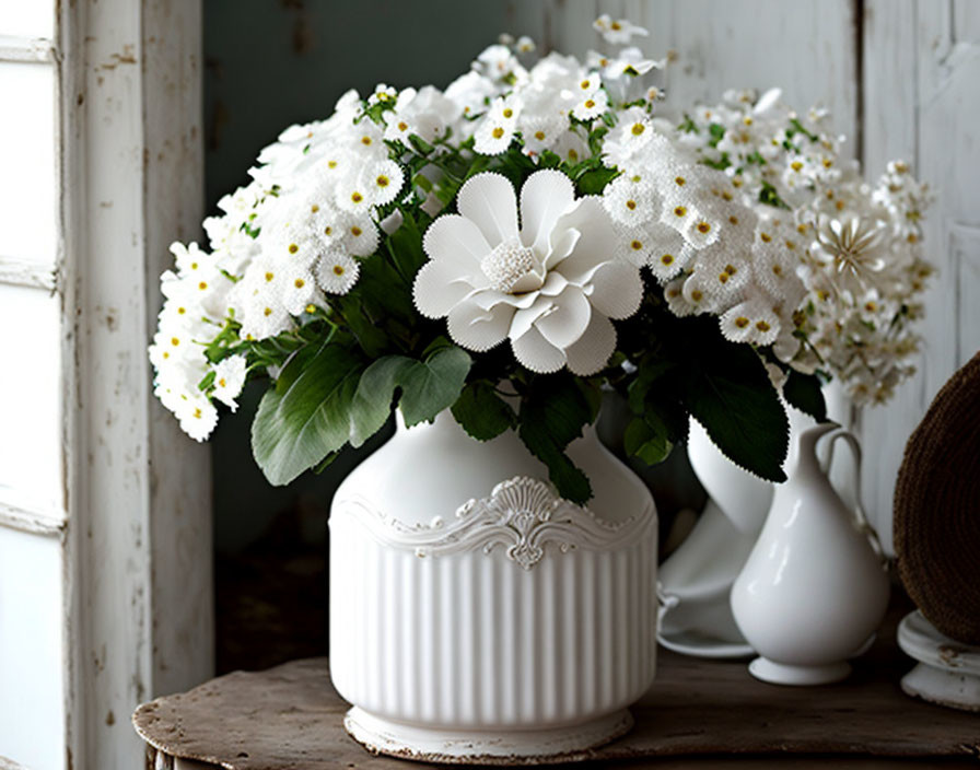 White Ceramic Vase with Embossed Design and Fresh White Flowers on Aged Wooden Table