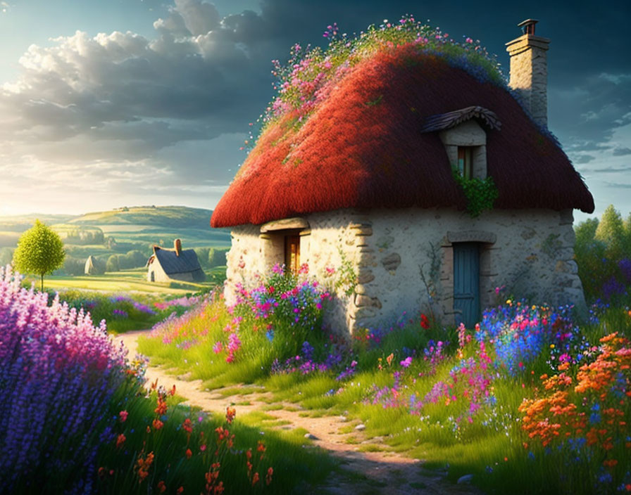 Thatched-Roof Cottage Surrounded by Wildflowers in Serene Landscape