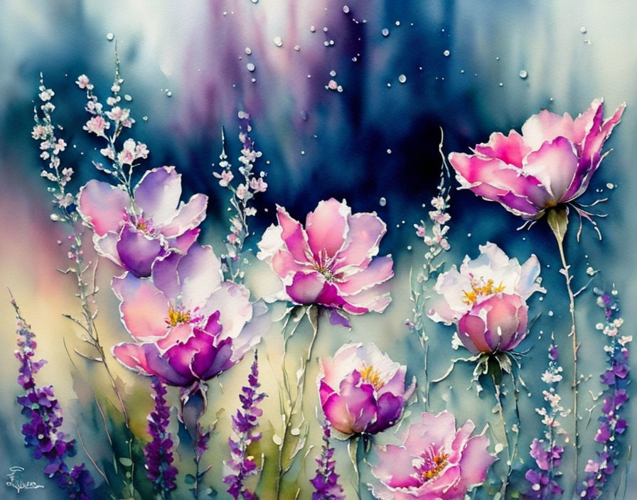 Vibrant Pink and Purple Flowers Watercolor Painting with Rain Droplets