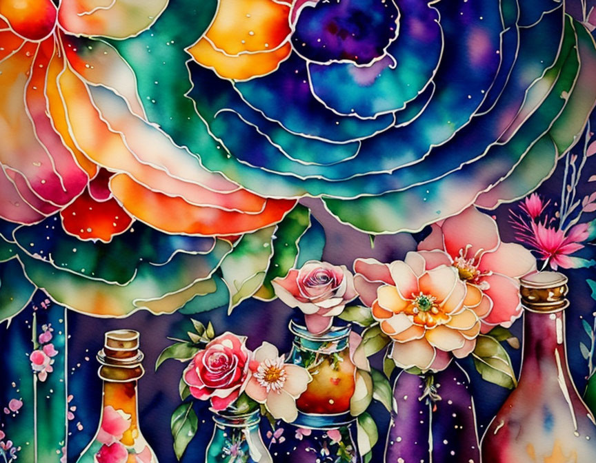 Colorful Watercolor Painting of Cosmic Landscape with Floral Bottles