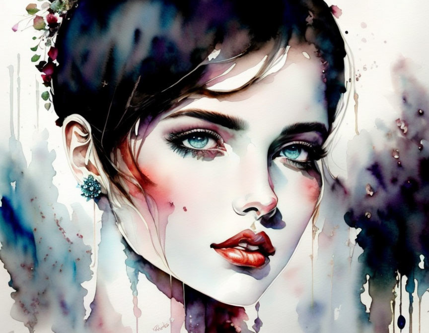 Portrait of a woman with blue eyes in watercolor art