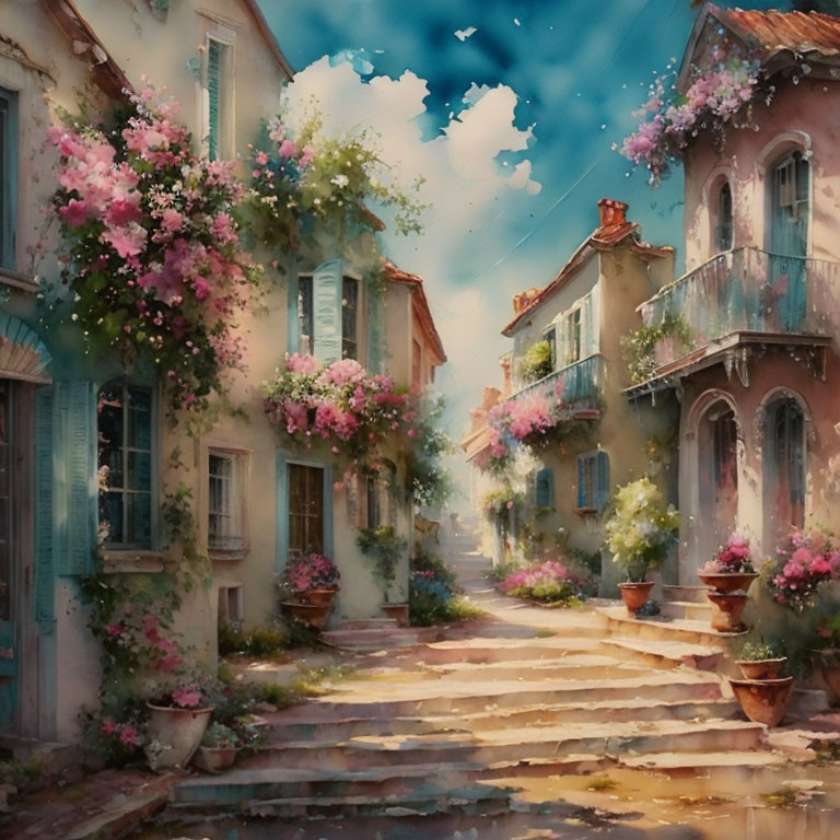 Picturesque cobblestone street with blooming pink flowers and quaint houses under a blue sky